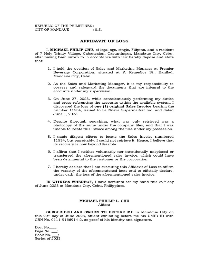 Affidavit of Loss Sales Invoice PDF