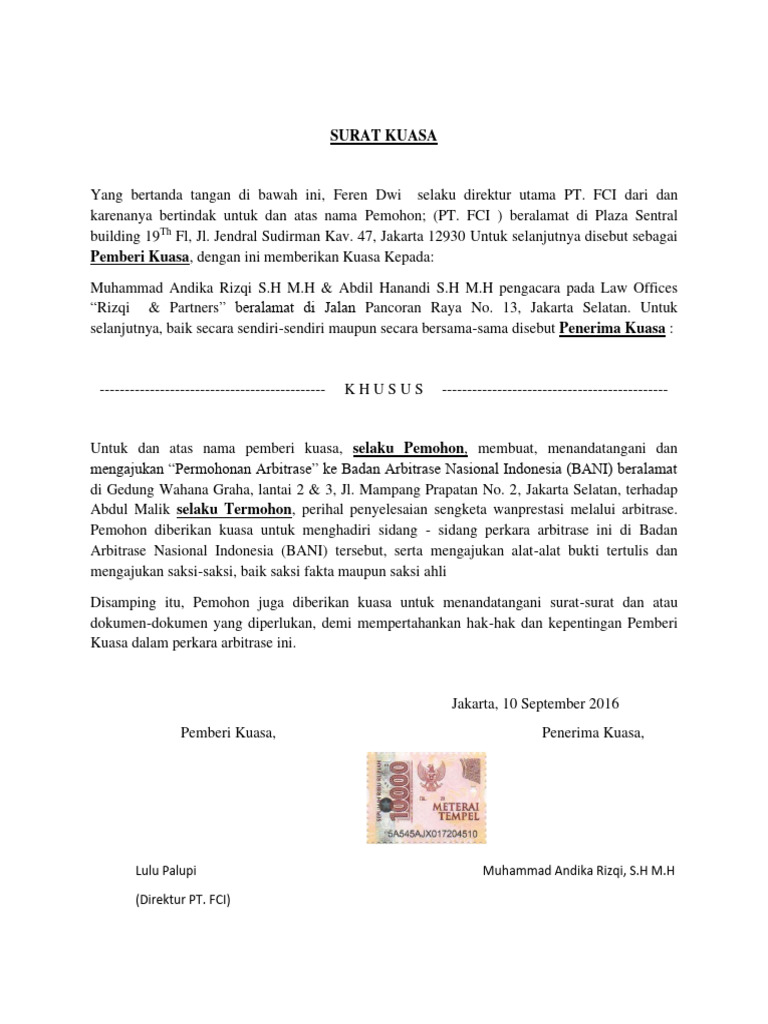 Surat Kuasa Permohonan Arbitrase BANI | PDF