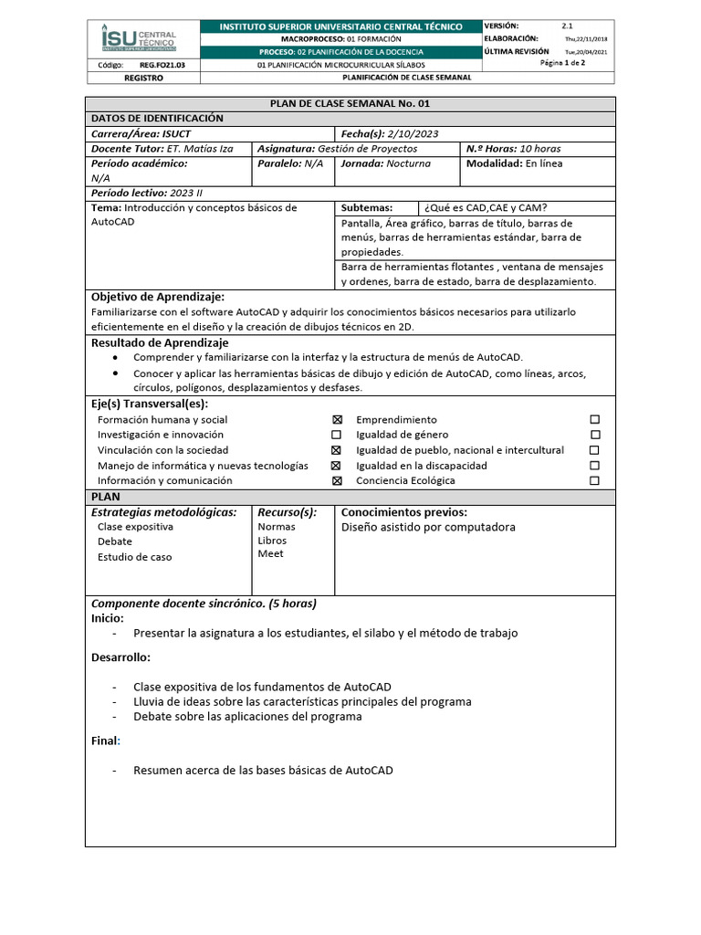 Plan de Clase - 1 | PDF | Cad automático | Diseño