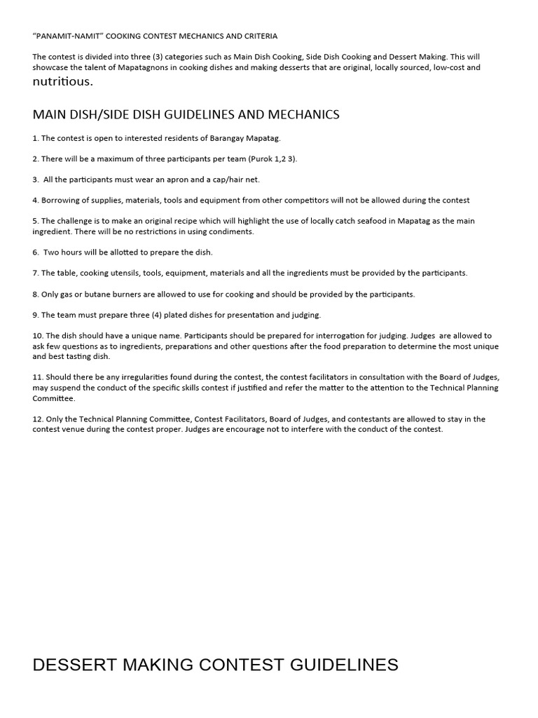 Cooking contest event mechanics and criteria pdf cooking food and