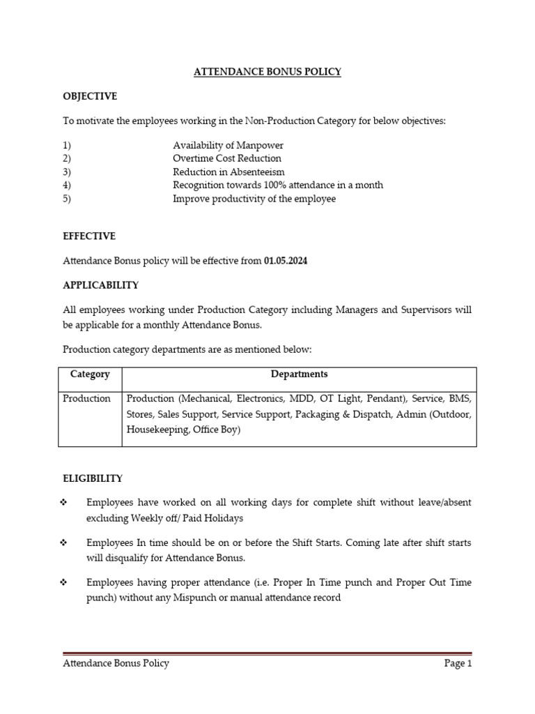 Attendance Bonus Policy Overview | PDF