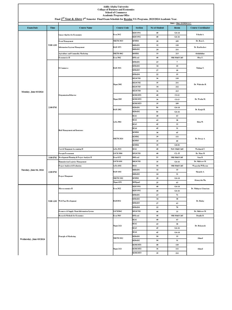 Final 2nd year above second semester final exam schedule for regular