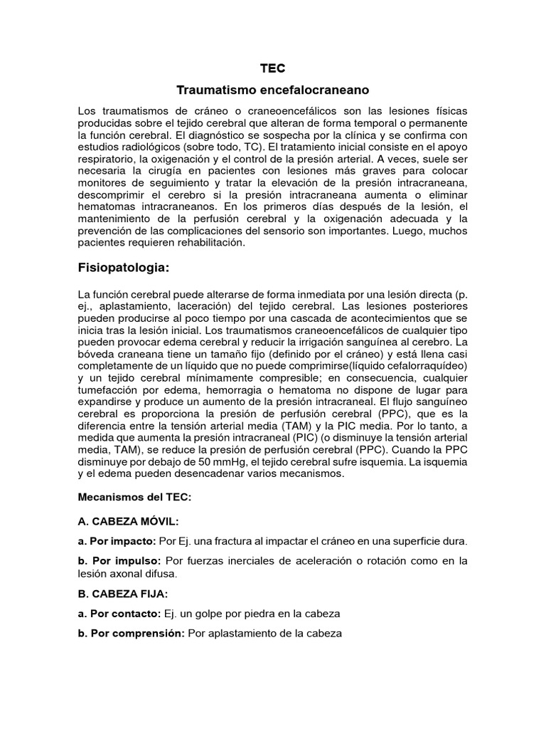 Definición y manejo del TEC | PDF | Lesión cerebral traumática | Fisiología