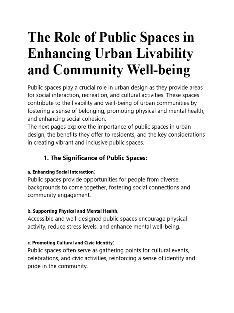The Role Of Public Spaces In Enhancing Urban Livability And Community 