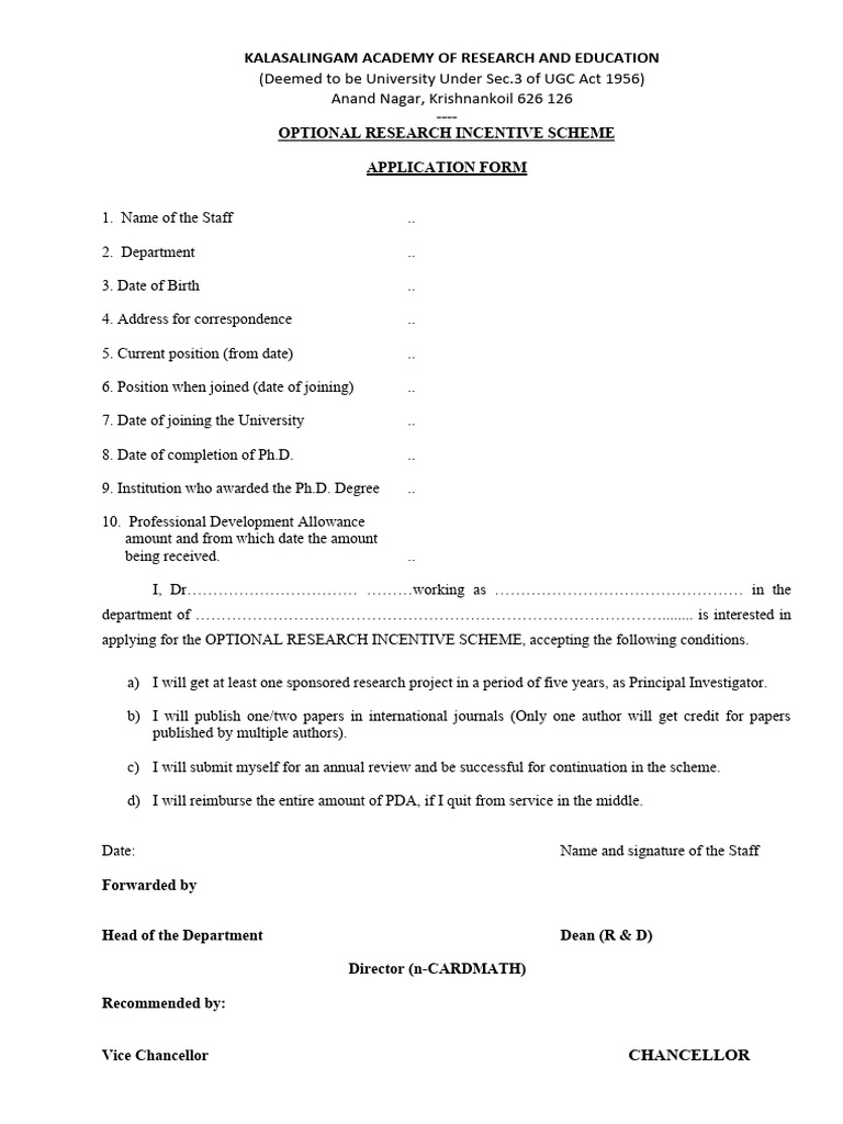 Optional Research Incentive Application Form | PDF