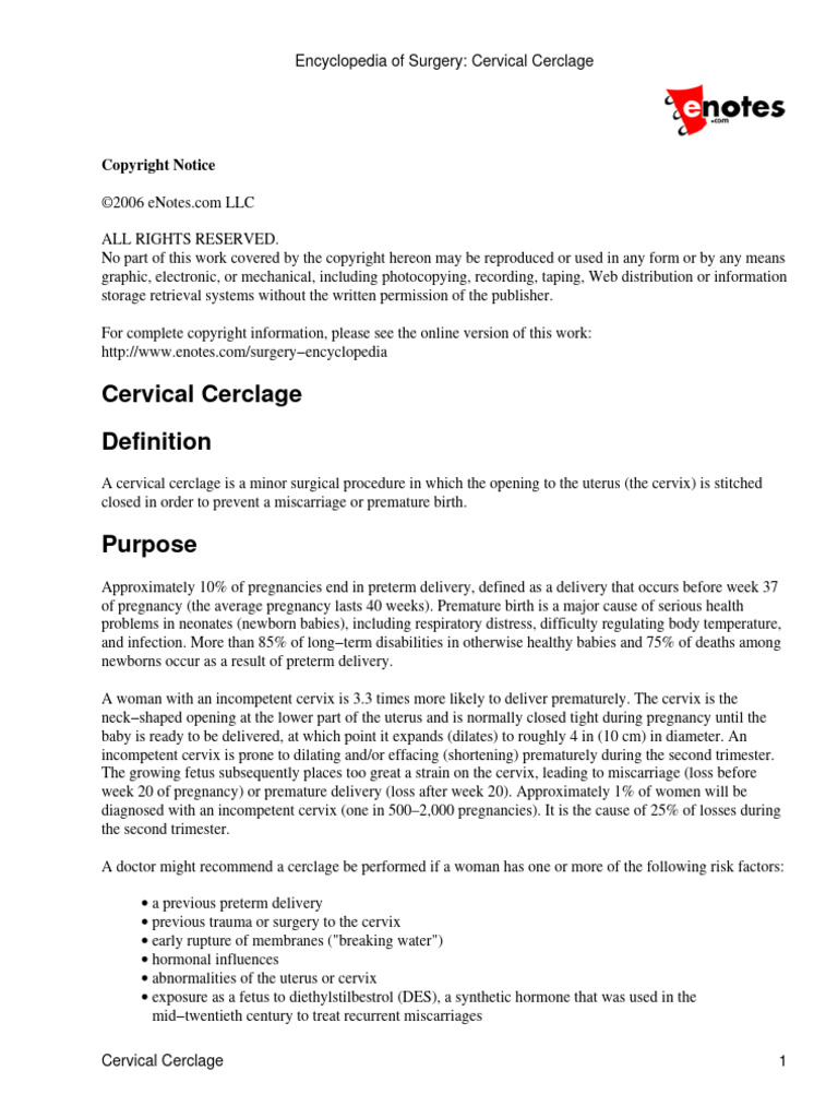 Encyclopedia of Surgery Cervical Cerclage | PDF | Preterm Birth ...