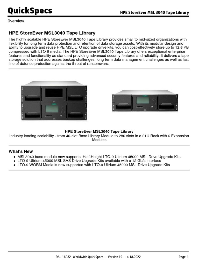 HPE StoreEver MSL 3040 Tape Library | PDF | Backup | Usb Flash Drive
