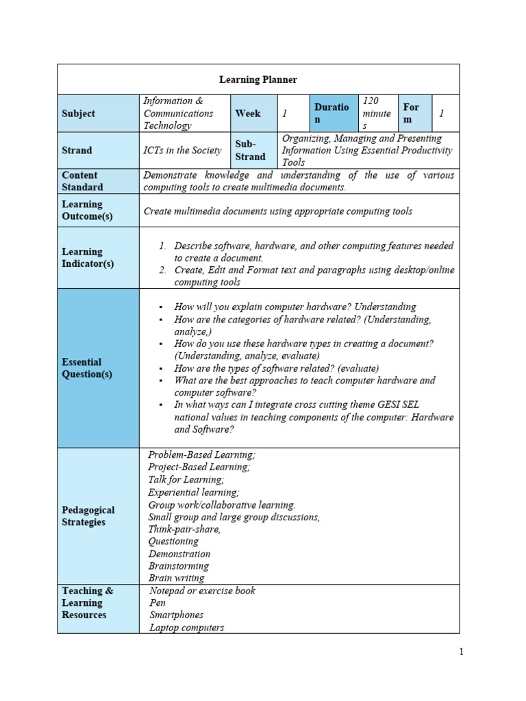 ICT Learning Planner: Multimedia Skills | PDF | Learning | Curriculum