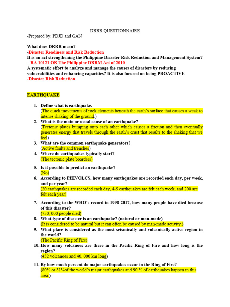 DRRR Questionnaire | PDF | Earthquakes | Tsunami