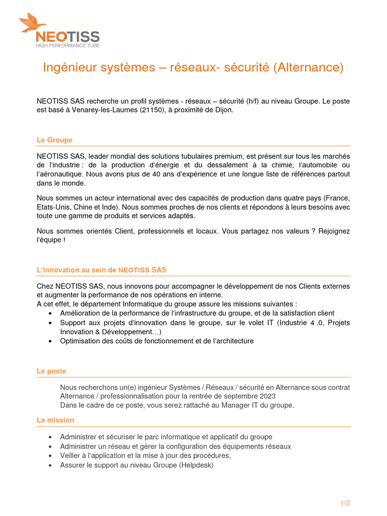 Ingénieur Systèmes en Alternance chez Neotiss | PDF | Informatique ...