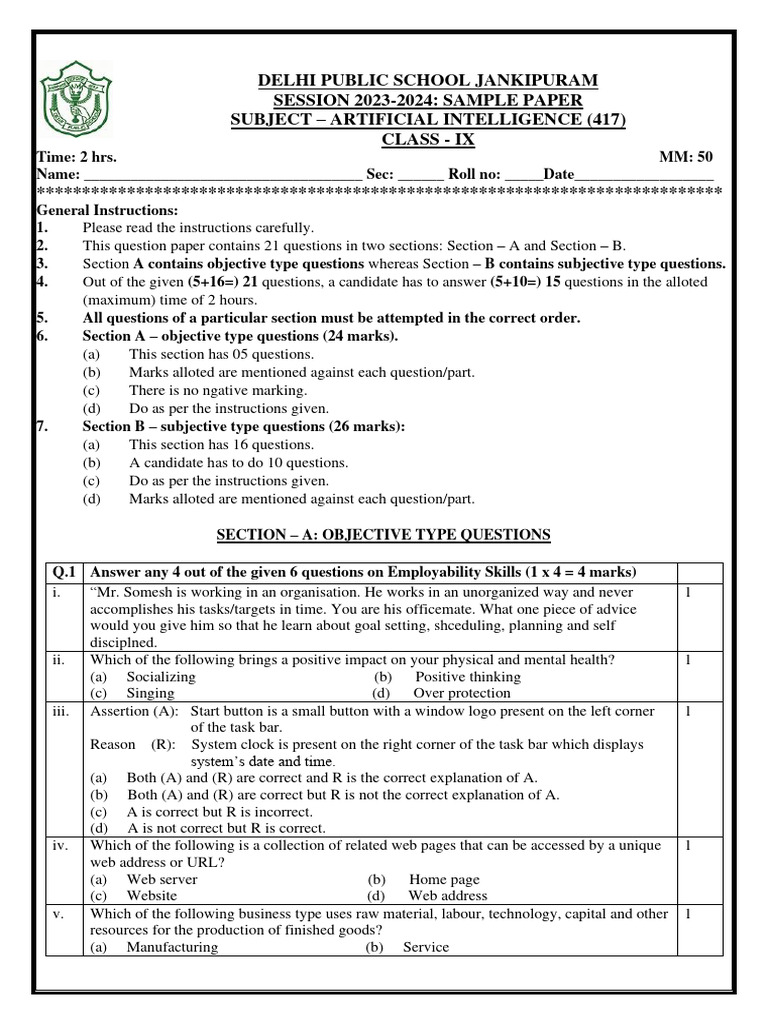 Class 9 AI Sample Paper 2023-24 | PDF | Artificial Intelligence ...