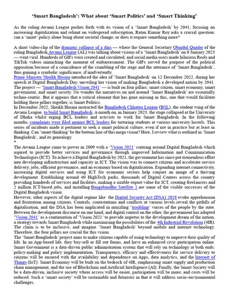Smart Bangladesh' What About Smart Politics' and Smart Thinking' | PDF