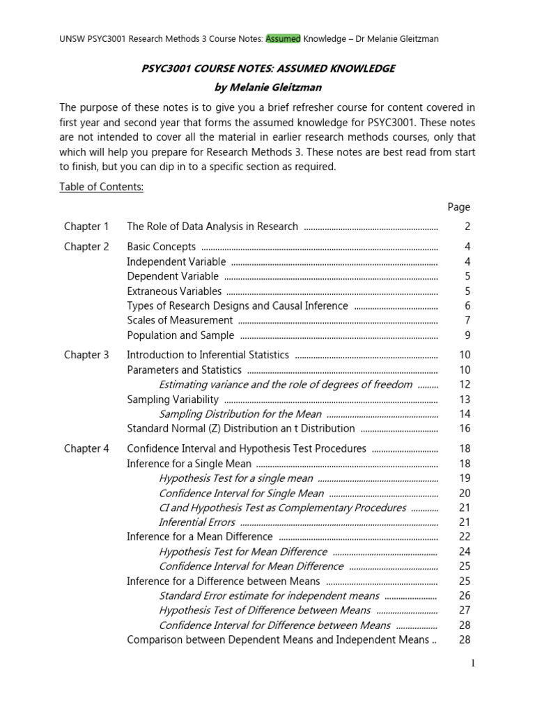 Assumed Knowledge For PSYC3001 | PDF | Variance | Statistics