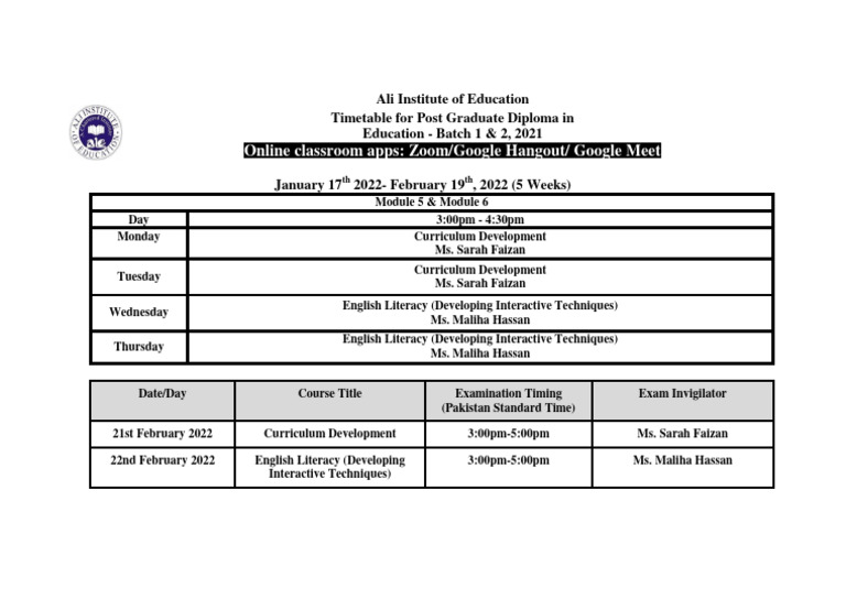 Ali Institute PG Diploma Timetable 2022 | PDF
