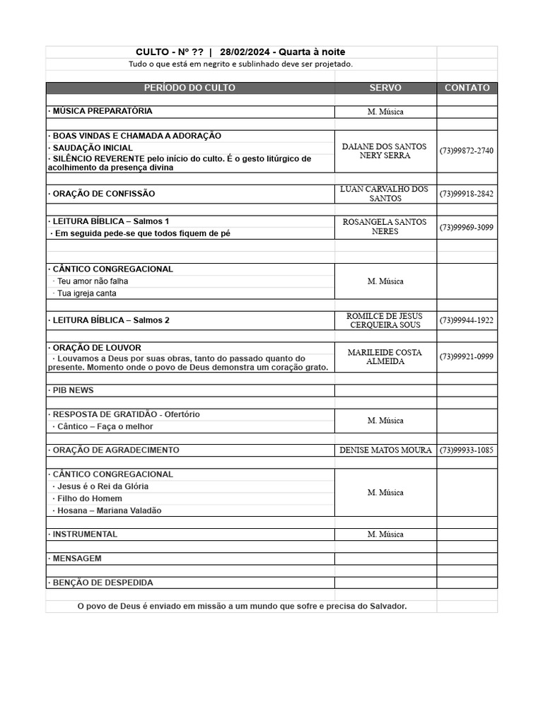 Ordem De Culto PIB Gandu Ordem Culto Quarta Download Gr tis 