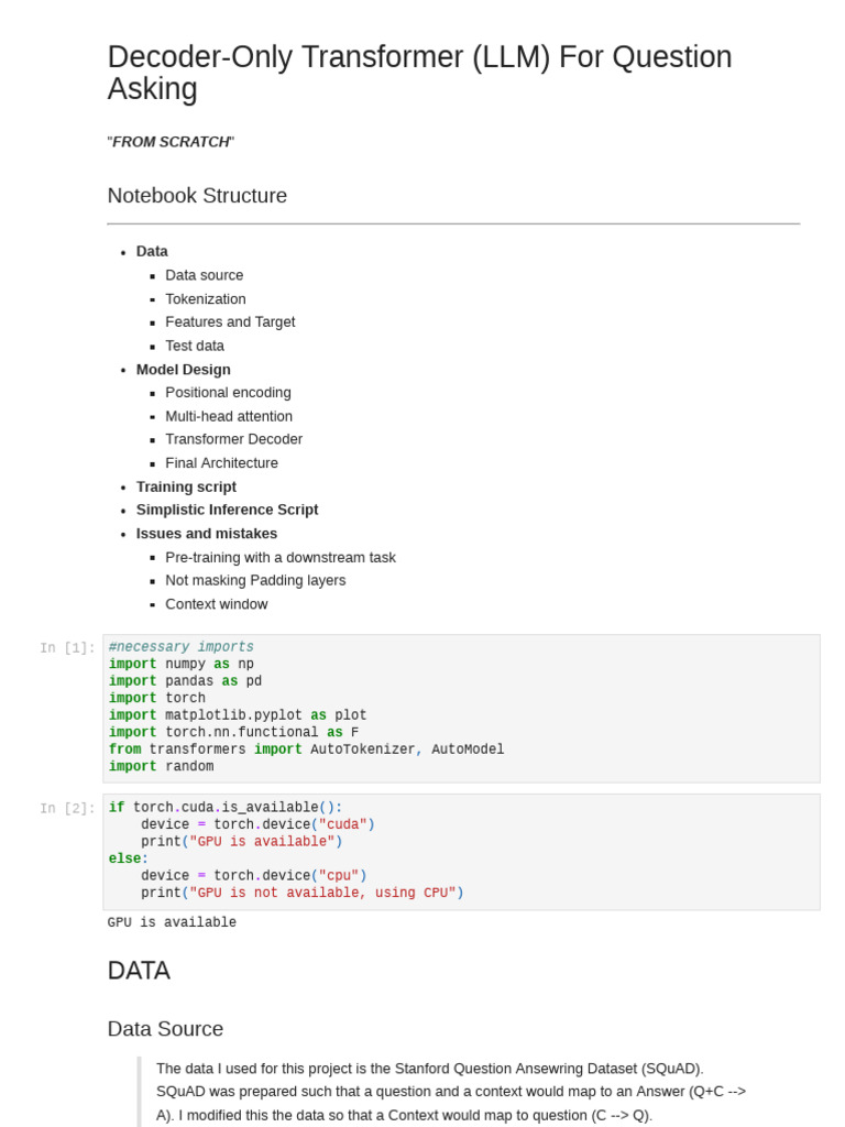 Decoder-Only Transformer (LLM) For Question Asking: Notebook Structure ...