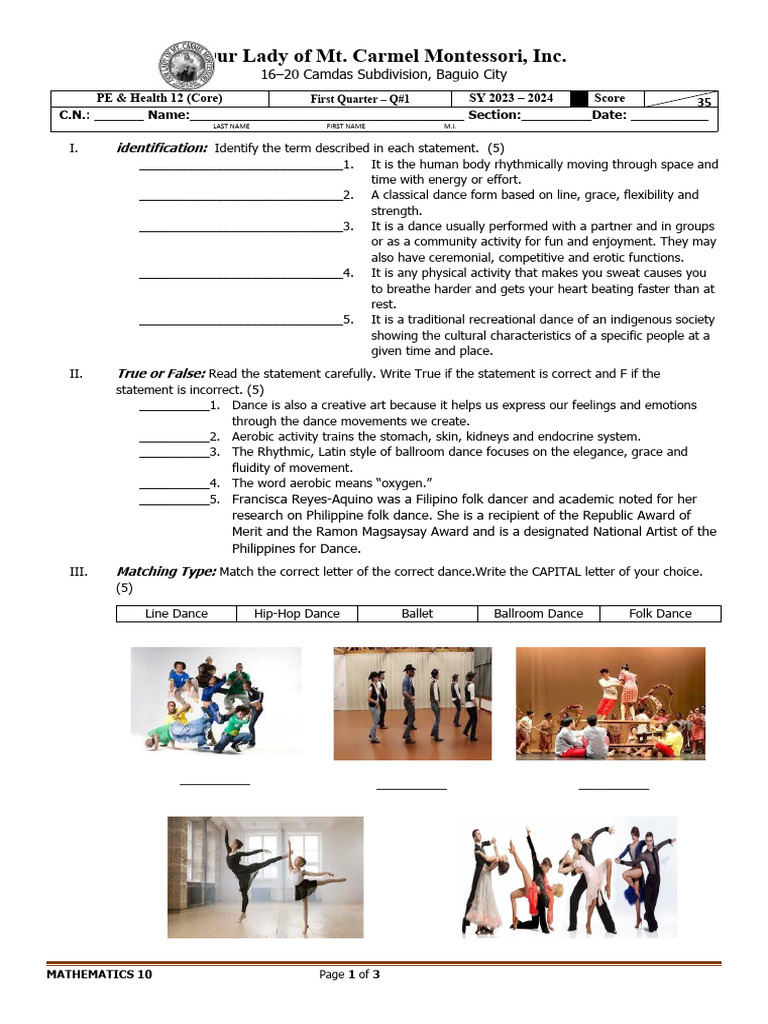 PE & Health 12 Q1 Assessment Guide | PDF | Dances | Physical Fitness