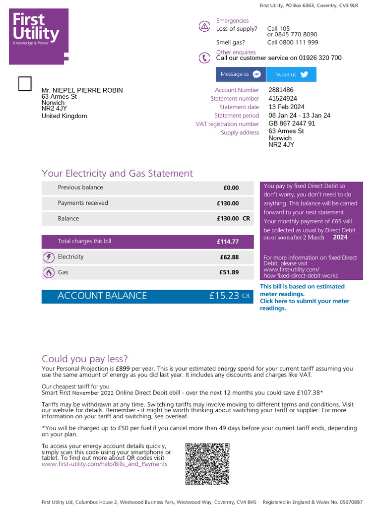 First Utility Bill For 114 77 Niepel Pierre Robin Pdf Debit Card