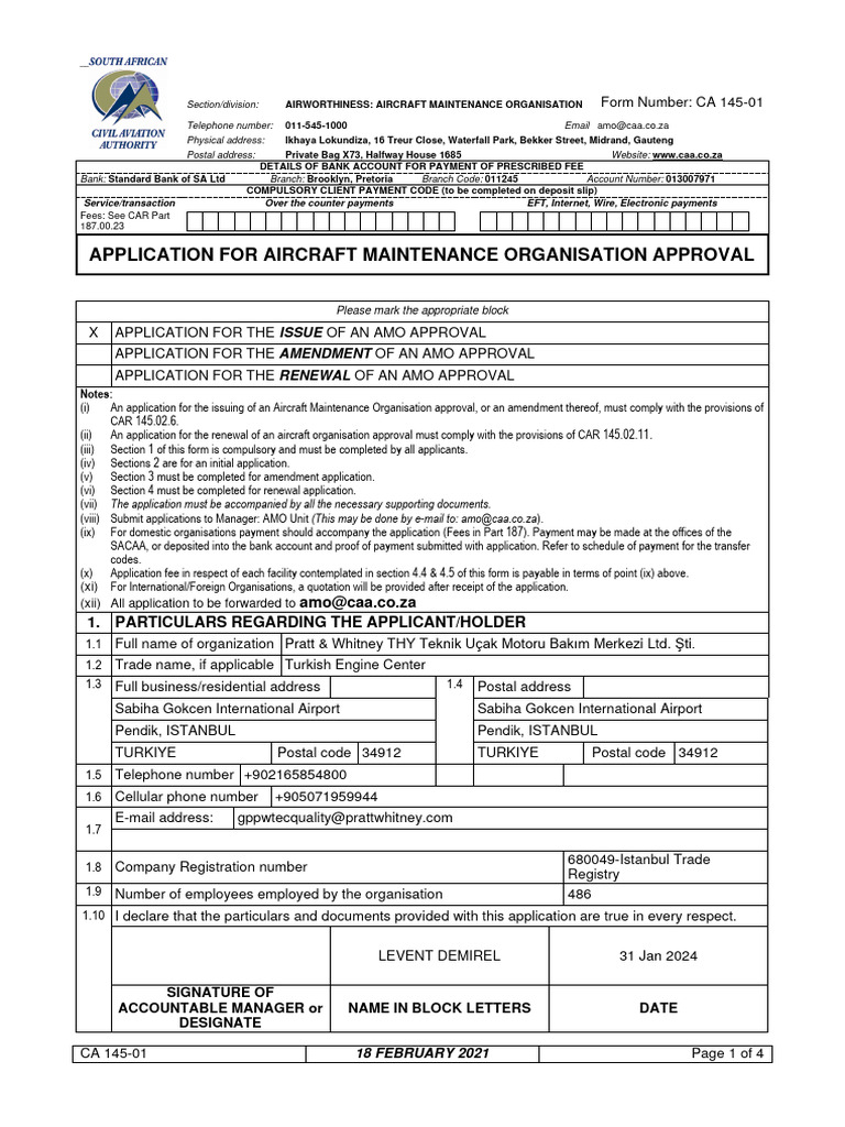 AMO Approval Application Form CA 145-01 | PDF