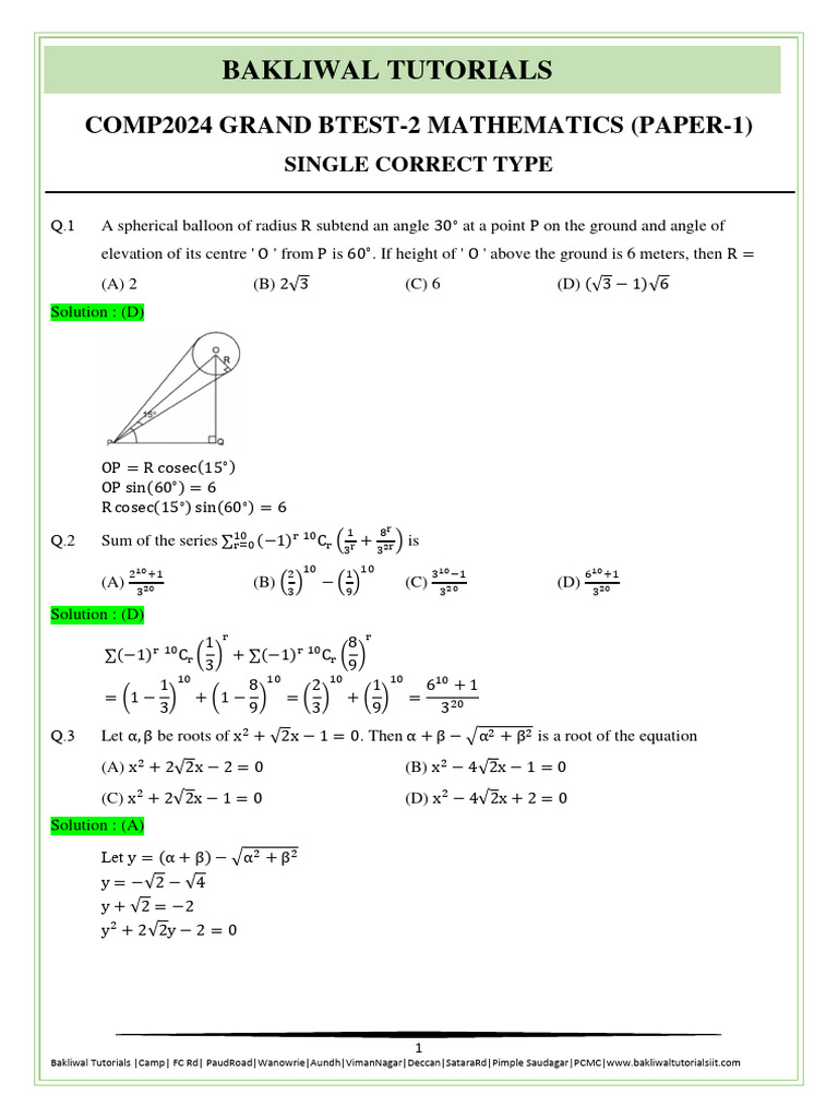 c24 Grand Btest-2 Maths (Paper-1) | PDF | Mathematical Objects ...