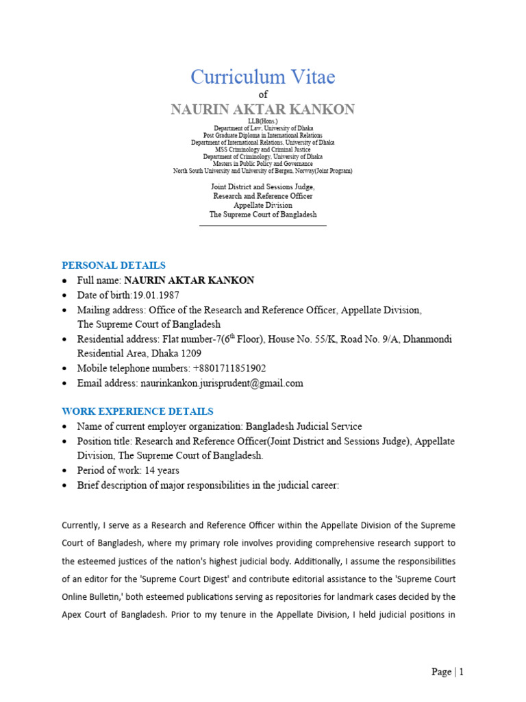 Curriculum Vitae - OJIR24 - Judge Naurin Aktar Kankon | PDF
