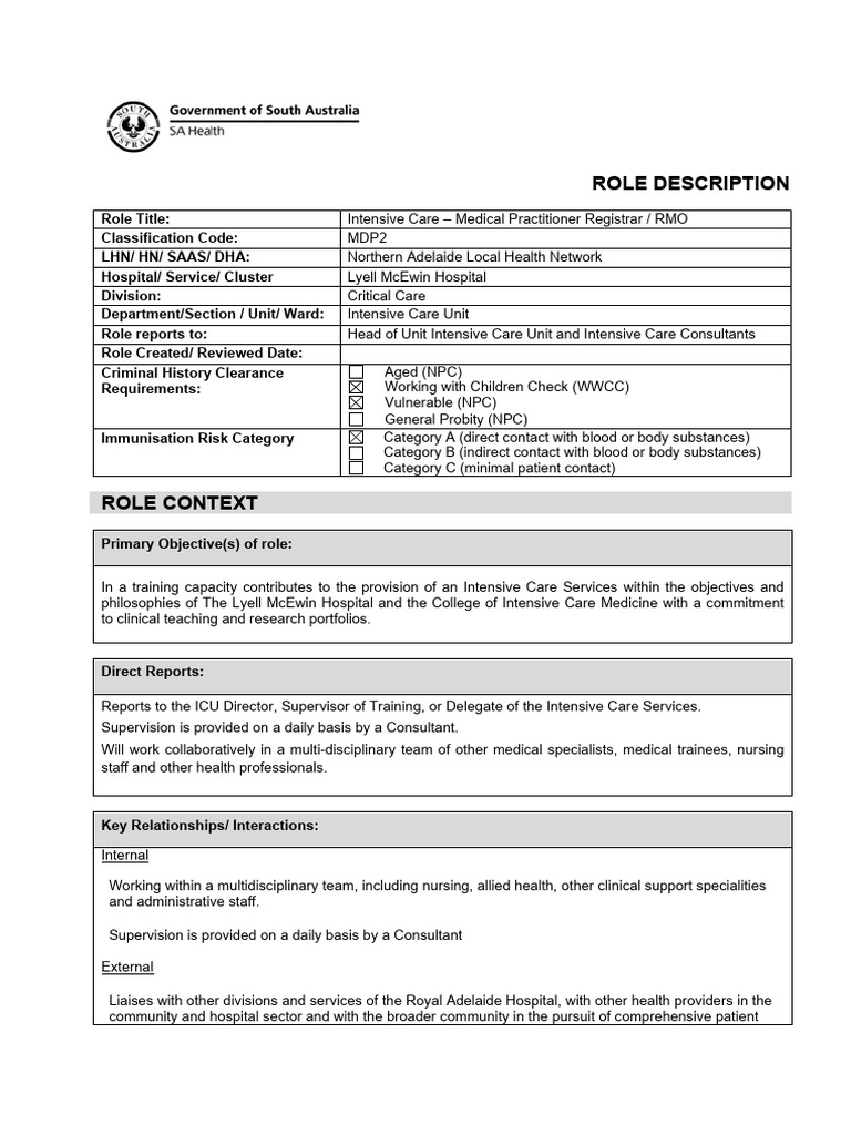 Medical Practitioner - Intensive Care Unit - MDP2 - Role Description ...