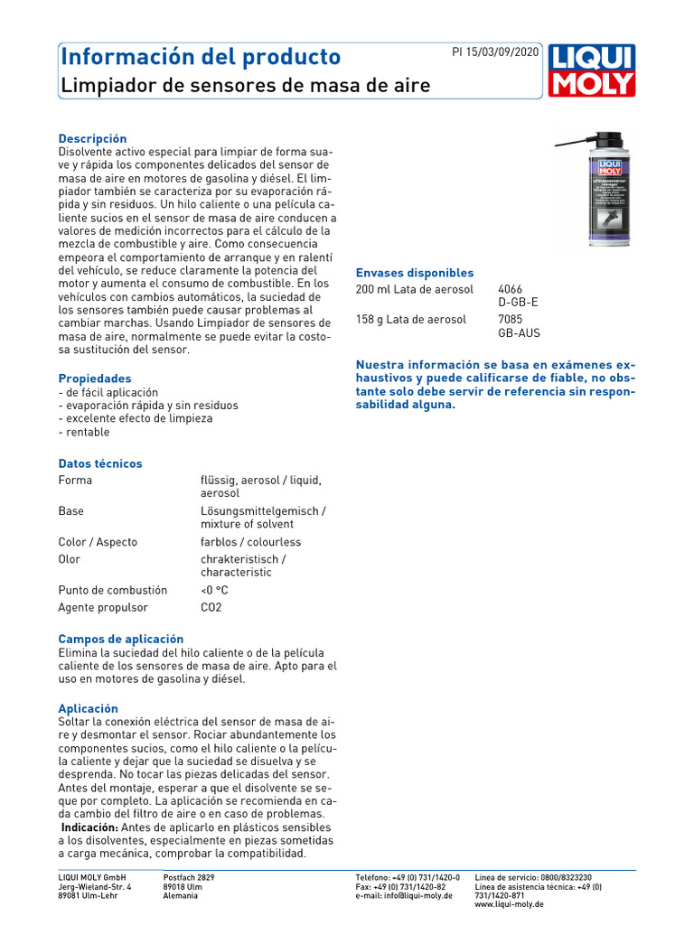 LIQUI MOLY 4066 Limpiadordesensoresdemasadeaire 15.0 Es | PDF
