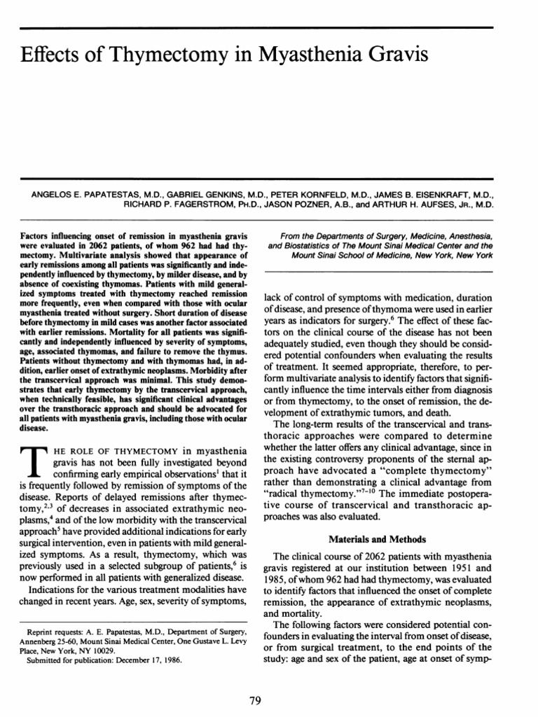 Effects of thymectomy in myasthenia Gravis Download Free PDF Thymus