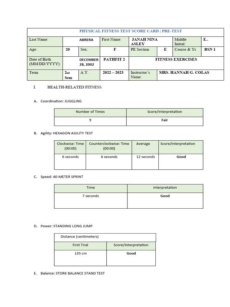 Physical Fitness Test Score Card | PDF