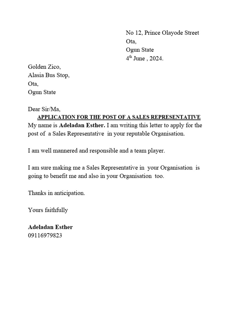 Sales Representative Application Letter | PDF