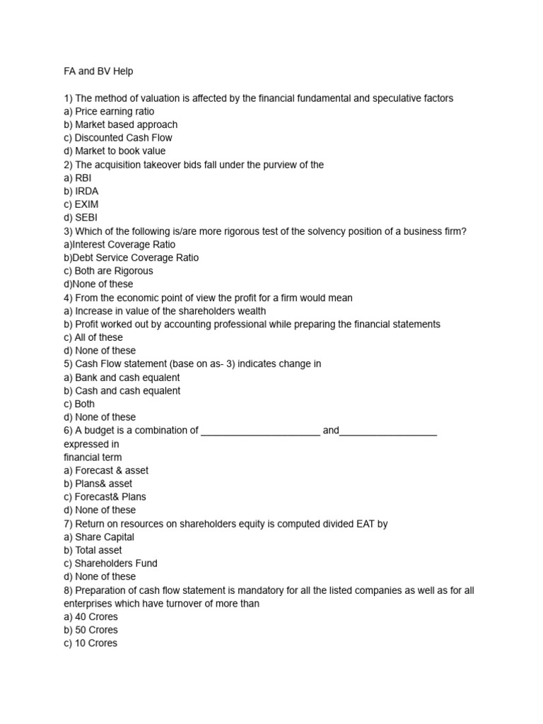 Fa and bv help pdf valuation finance book value