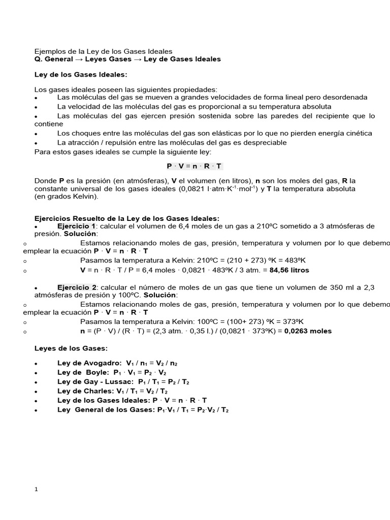 Ejemplos de La Ley de Los Gases Ideales | PDF | Gases | Mole (Unidad)