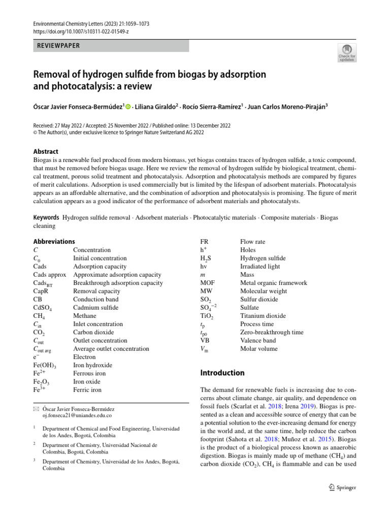 Removal of Hydrogen Sulfde From Biogas by Adsorption | PDF | Biogas ...