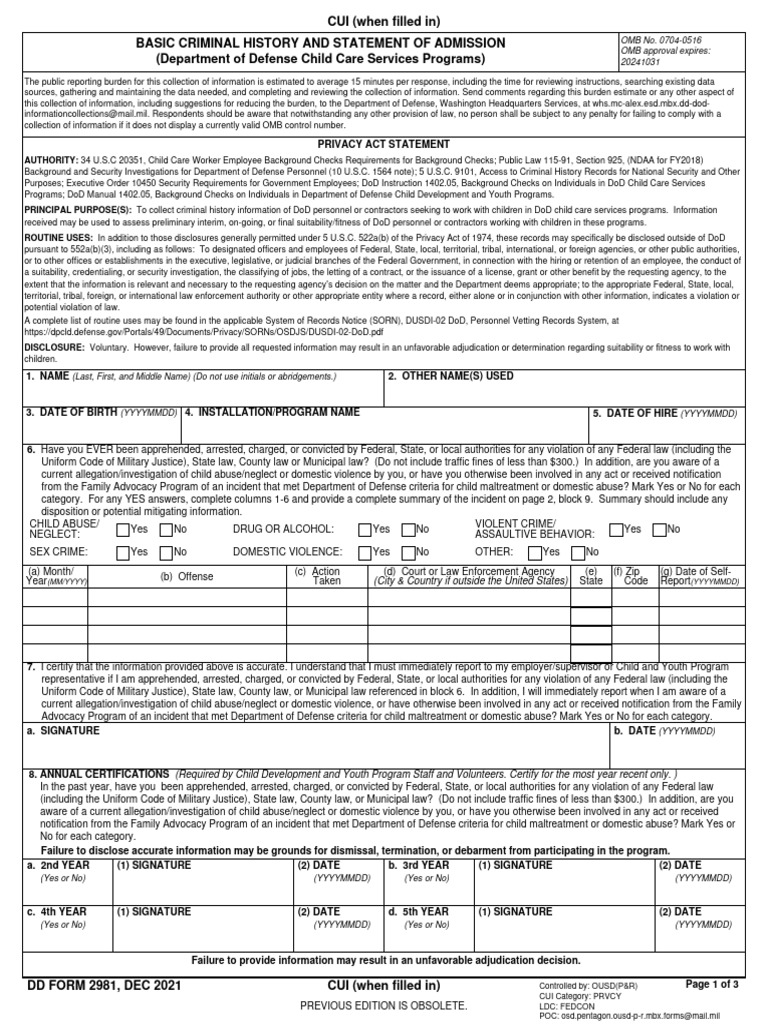 DD2981: Criminal History Form for Child Care | PDF | Child Abuse ...