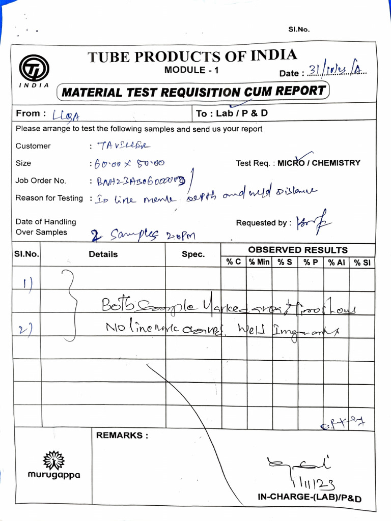 Material Test Requisition Report | PDF | Sampling (Statistics)