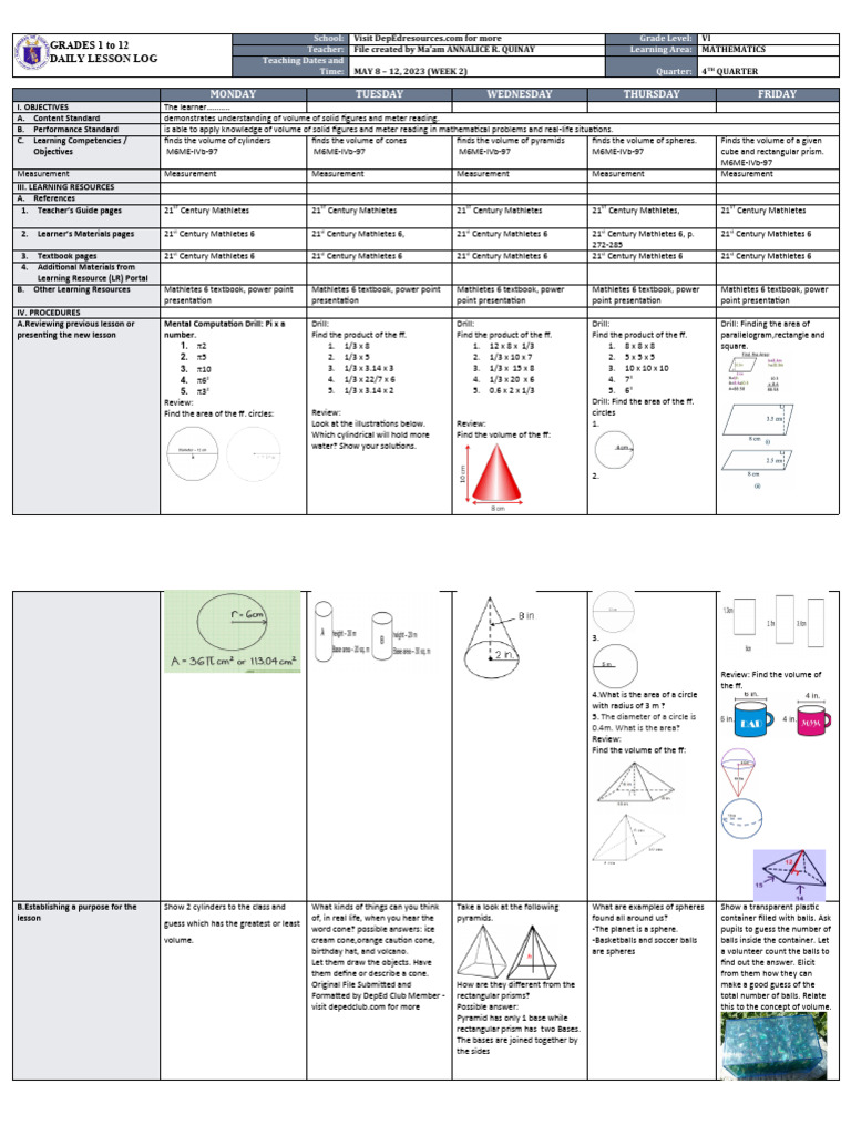 Grade 6 Math Daily Lesson Log: Volume | PDF | Volume | Area
