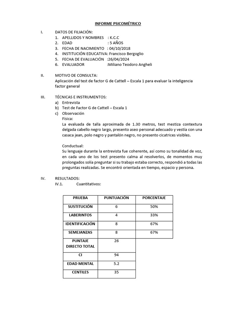 Informe Psicométrico de Evaluación Infantil | PDF | Cociente de ...