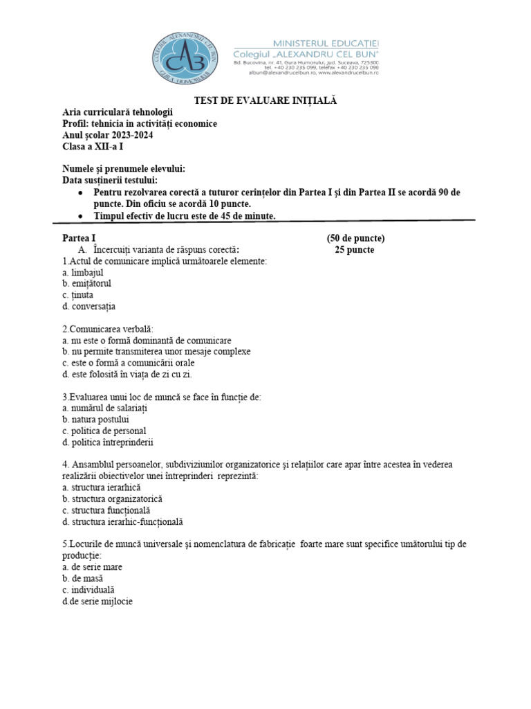 Test Initial Cls XII Tehnician in Activitati Ec | PDF