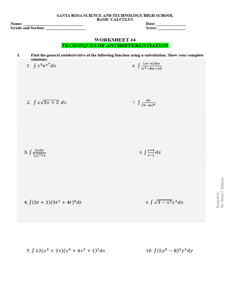 Antidifferentiation Techniques Worksheet | PDF | Mathematical Objects ...