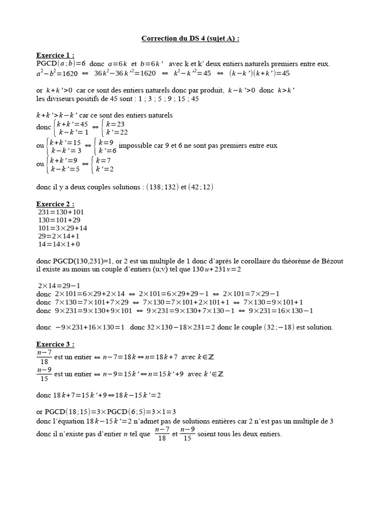 Correction DS 4 : Exercices PGCD et Bézout | PDF | Entier naturel ...