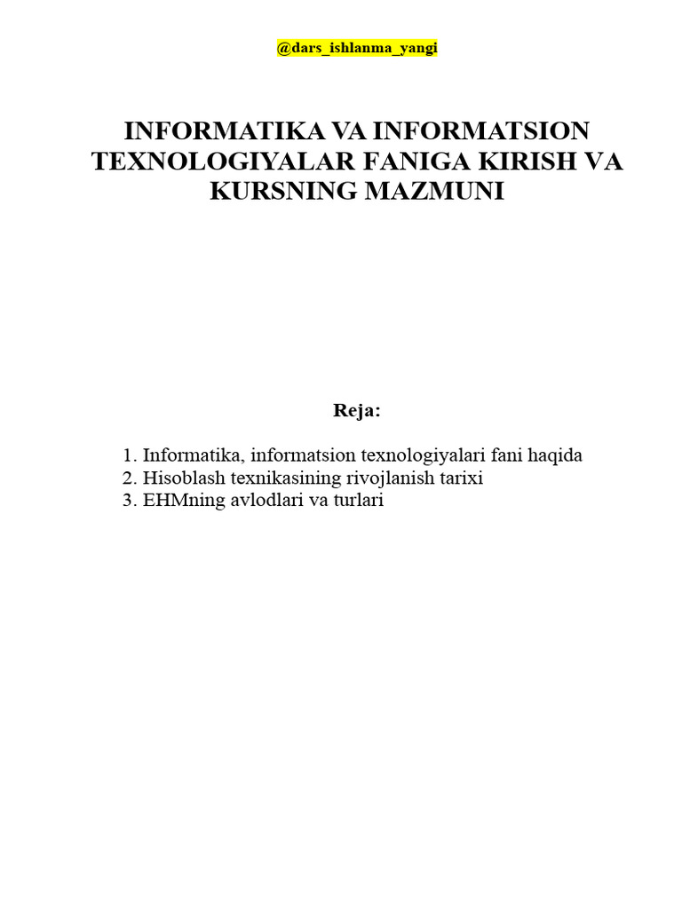 Informatika Va Informatsion Texnologiyalar Faniga Kirish Va Kursning | PDF