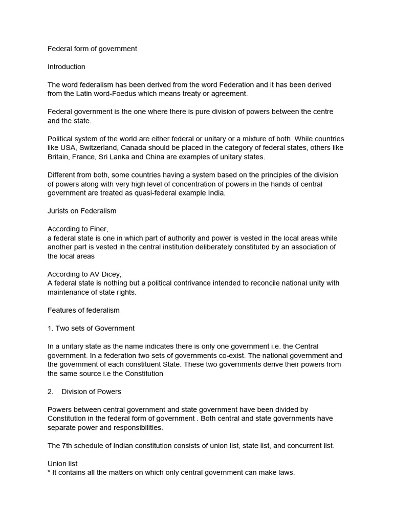 Federal Form of Government | PDF | Federation | Federalism