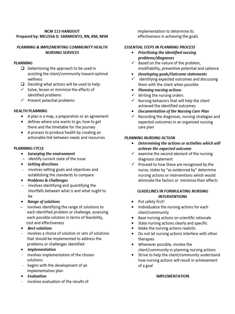 Community Health Nursing Planning Guide | PDF | Nursing | Evaluation