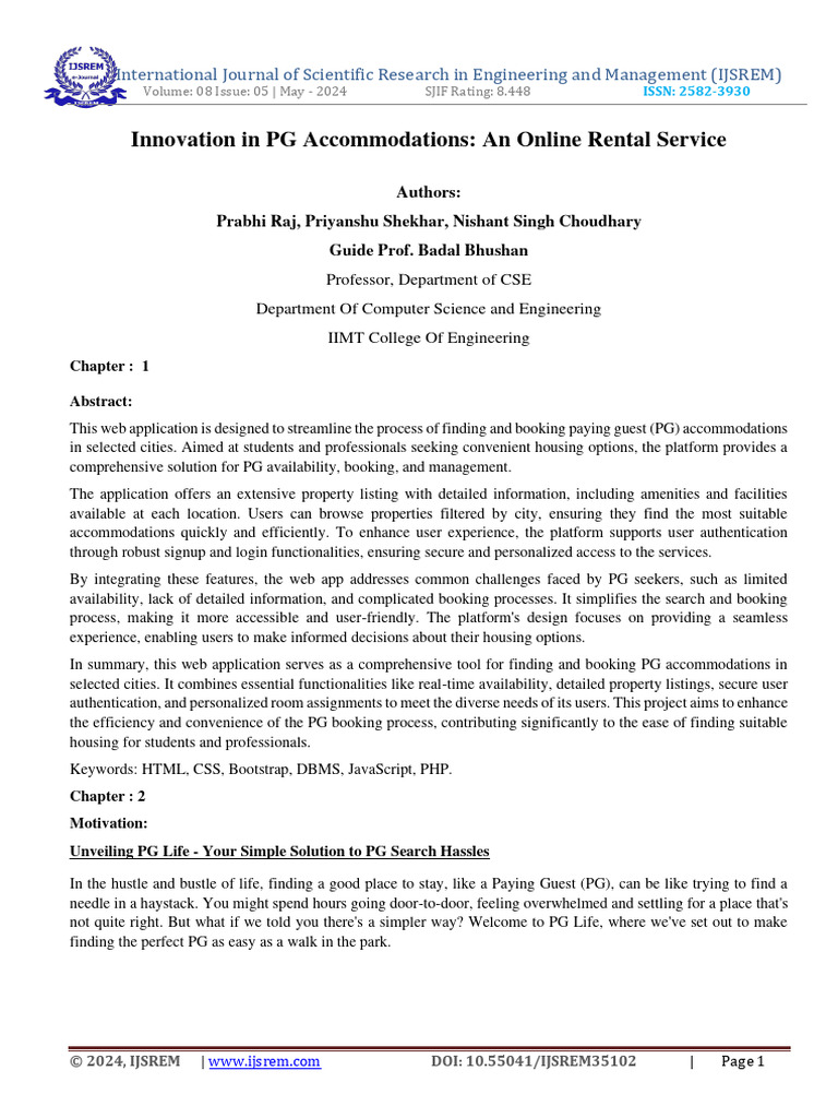 Innovation in PG Accommodations An Online Rental Service | PDF | Html ...