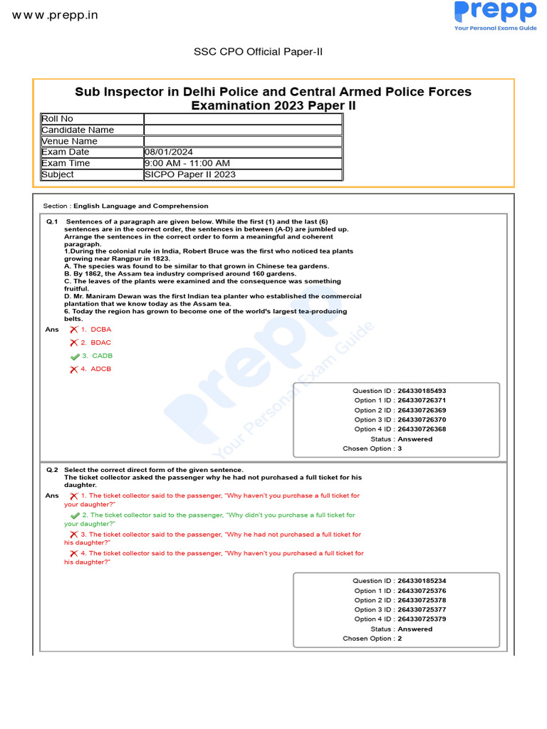 【Paragraph】23SS★ Paragraph 2023 Campaign T No.024 SSC CPO 2023 Official Paper II Held On 08 Jan 2024 | PDF