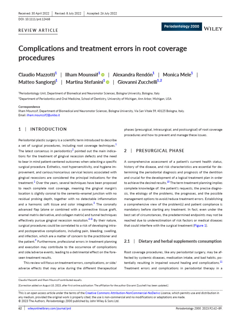 Root Coverage Errors and Complications | PDF | Periodontology | Human Tooth