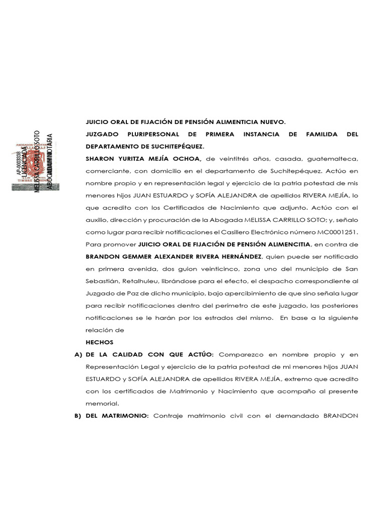 Demanda de Juicio Oral | PDF | Pensión alimenticia | Guatemala