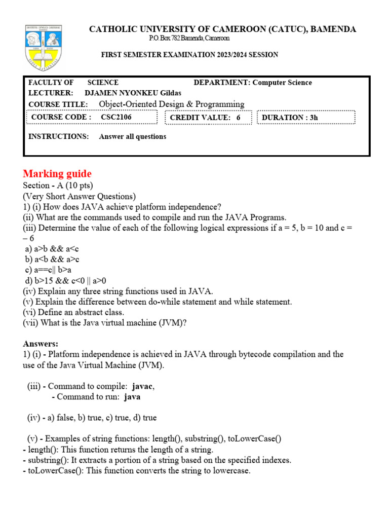 Solutions Exam Questions Set 1 CSC2106 Object-Oriented Design ...