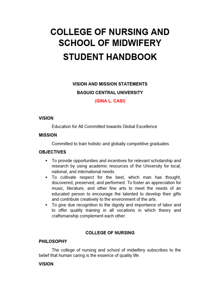 Baguio Central University Nursing Handbook | PDF | Nursing | Midwife