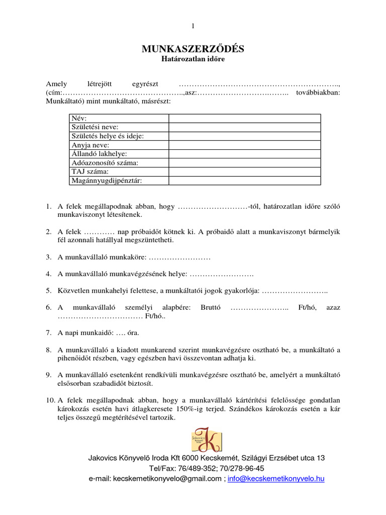 Munkaszerzodes Minta | PDF